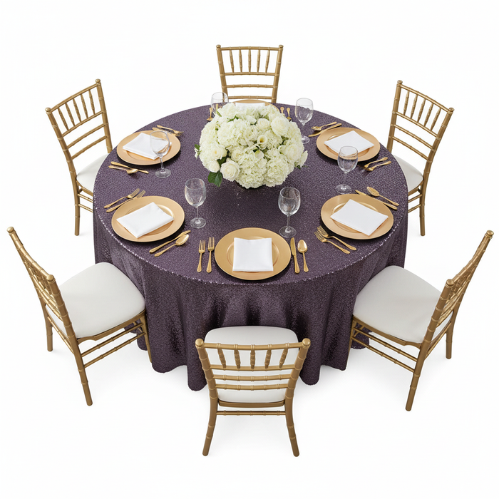 Glitz Sequins 132" Round Tablecloth - Eggplant/Plum with gold charger plate | wine goblets | flower centerpiece | white napkin | gold chiavari chair