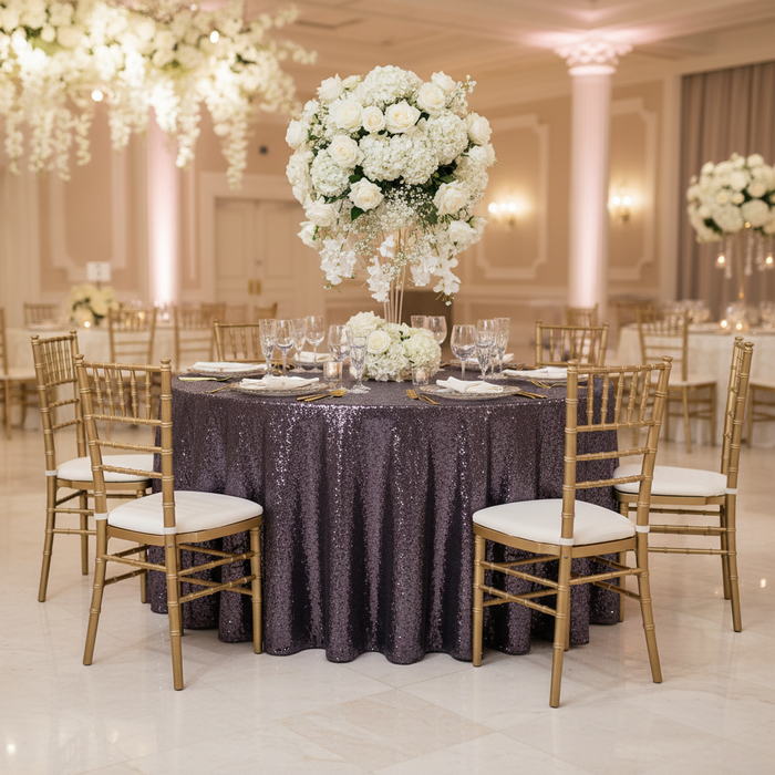 Glitz Sequins 132" Round Tablecloth - Eggplant/Plum with clear charger plate | wine goblets | flower centerpiece | white napkin | gold chiavari chair
