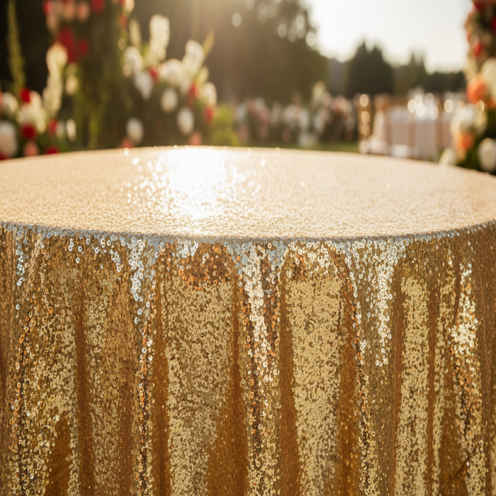 Gold Sequin 132 Tablecloth - Outdoor Close-Up
