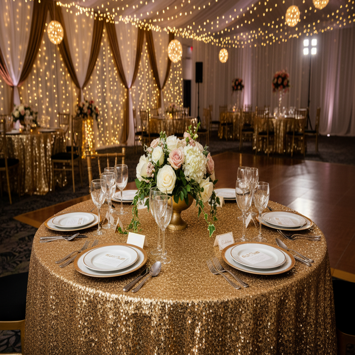 Gold Sequin 132 Tablecloth - Prom Night Lifestyle