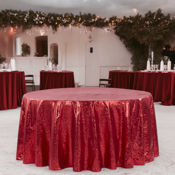 birthday setup with Glitz Sequins 132" Round Tablecloth - Red