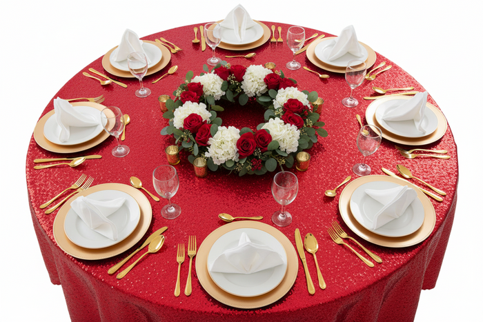 top view using Glitz Sequins 132" Round Tablecloth - Red