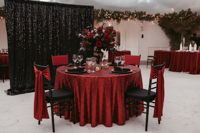 anniversary with Glitz Sequins 132" Round Tablecloth - Red