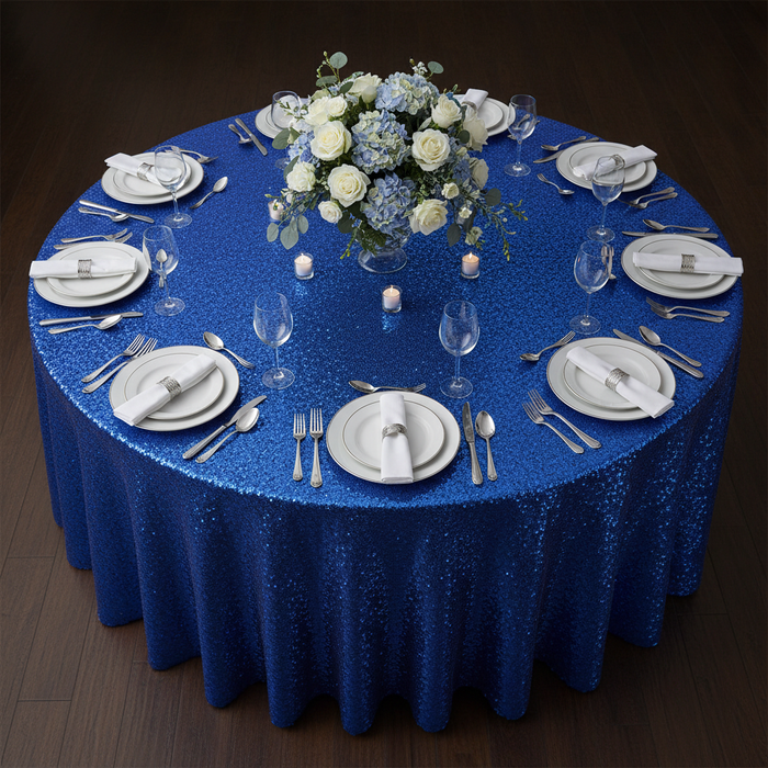Lifestyle_Top_Royal Blue Glitz Sequins Round Tablecloth Size: 132 in