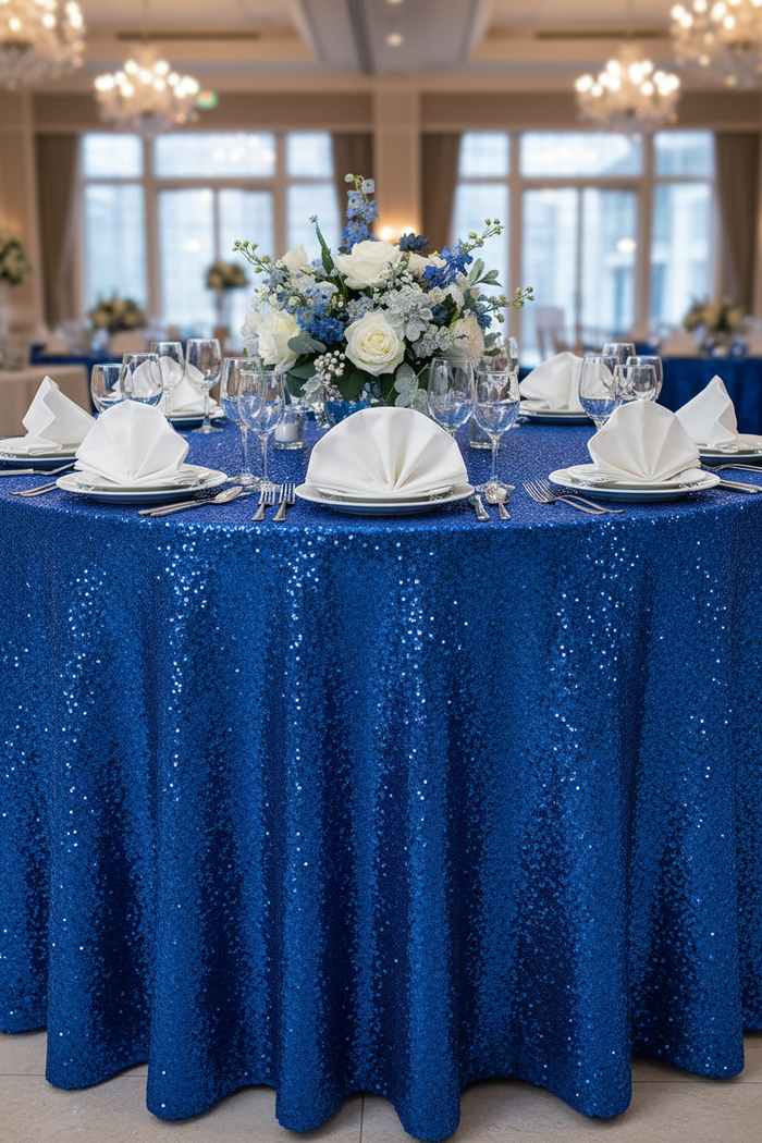 Lifestyle_Front_Royal Blue Glitz Sequins Round Tablecloth Size: 132 in