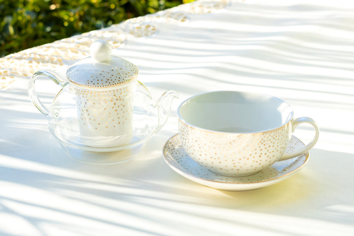 Grace Teaware Gold Dots Glass Fine Porcelain Teapot Tea cup and saucer set