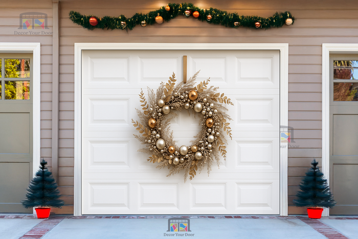 Golden Frost Elegance Wreath – Christmas Garage Door Cover