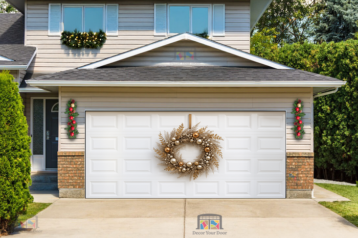 Golden Frost Elegance Wreath – Christmas Garage Door Cover