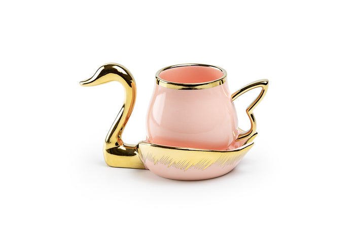 Golden Swan Pink Fine Porcelain Tea Cup and Saucer
