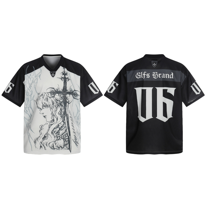 Front and back view of a black and white gothic mesh jersey with sword line-art illustration and oversized 06 back graphic