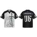 Front and back view of a black and white gothic mesh jersey with sword line-art illustration and oversized 06 back graphic