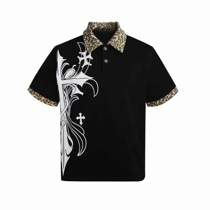 Black Gothic polo shirt with leopard-print collar and cuffs, featuring a bold white cross graphic and Y2K streetwear style