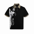 Black Gothic polo shirt with leopard-print collar and cuffs, featuring a bold white cross graphic and Y2K streetwear style
