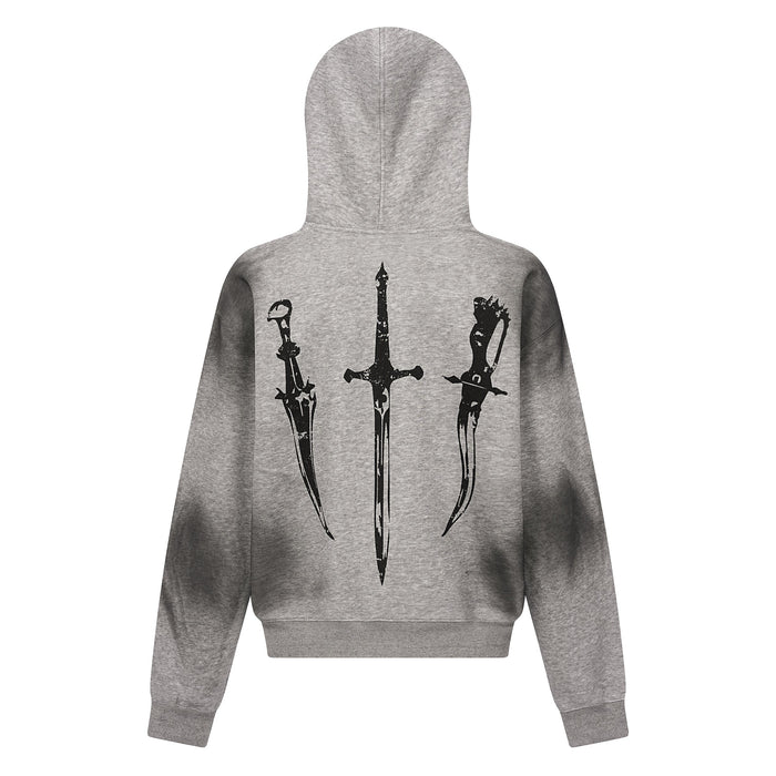 Gray zip-up hoodie back view with black sword graphic and ribbed hem and cuffs