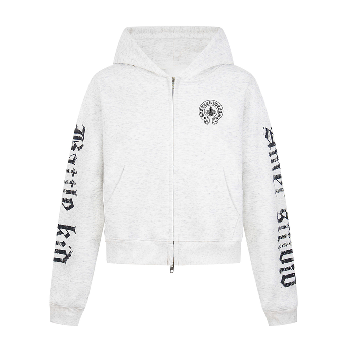 Front view of white zip-up hoodie with black crest graphic and gothic sleeve lettering