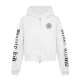 Front view of white zip-up hoodie with black crest graphic and gothic sleeve lettering