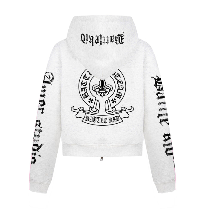 Back view of white zip-up hoodie with large black crest graphic and gothic lettering on hood