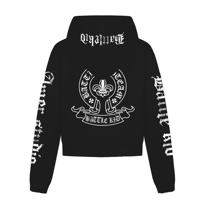 Back view of black zip-up hoodie with large white crest graphic and distressed lettering on hood