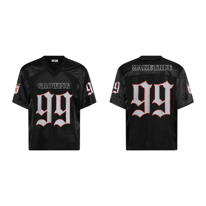 Black oversized gothic mesh football jersey with white and red 99 graphics, front and back view on white background
