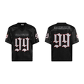Black oversized gothic mesh football jersey with white and red 99 graphics, front and back view on white background
