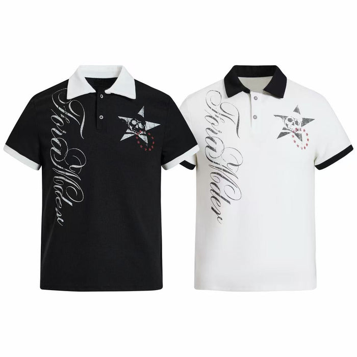 Black and white gothic polo shirts with star skull graphic and oversized script print, contrast collar and sleeve cuffs