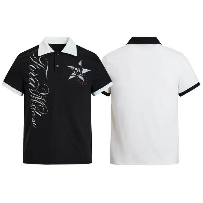Black and white polo shirt with contrast collar, gothic star skull graphic, and back view streetwear design