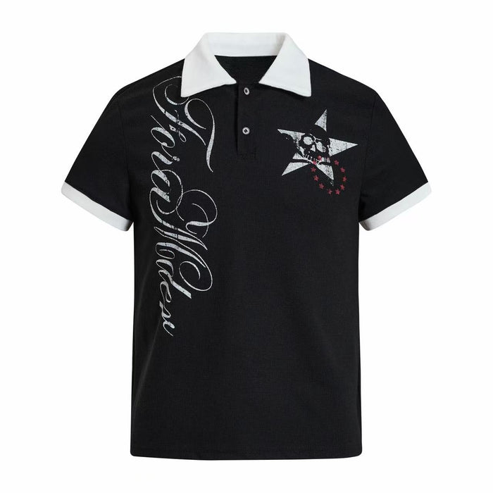 Black gothic polo shirt with white contrast collar, skull star graphic, and vertical script print
