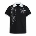 Black gothic polo shirt with white contrast collar, skull star graphic, and vertical script print