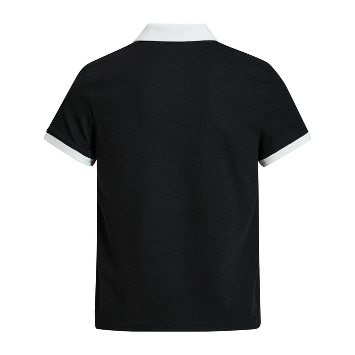 Black polo shirt with white contrast collar and sleeve cuffs, shown from the back in a clean streetwear style
