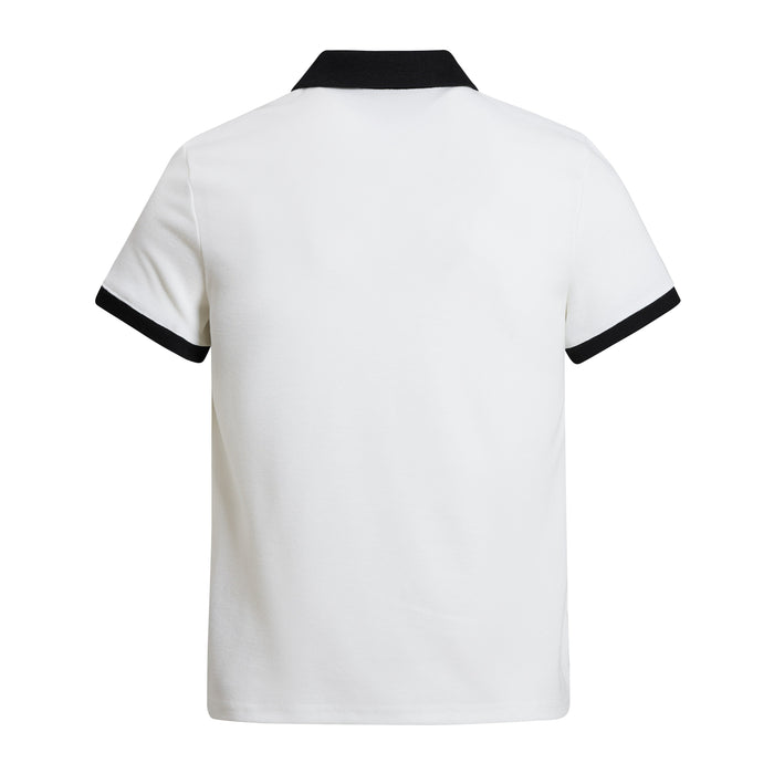 White polo shirt with black contrast collar and sleeve trim, shown from the back on a clean white background