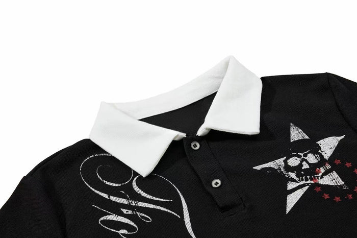 Black polo shirt with white contrast collar and gothic skull star graphic on the chest