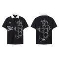 Black gothic polo shirt with white thorn cross graphic and Sorry I Only Date Vampires text, shown front and back
