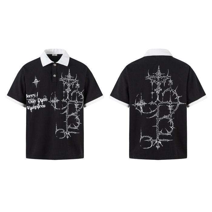 Black gothic polo shirt with white thorn cross graphic and Sorry I Only Date Vampires text, shown front and back