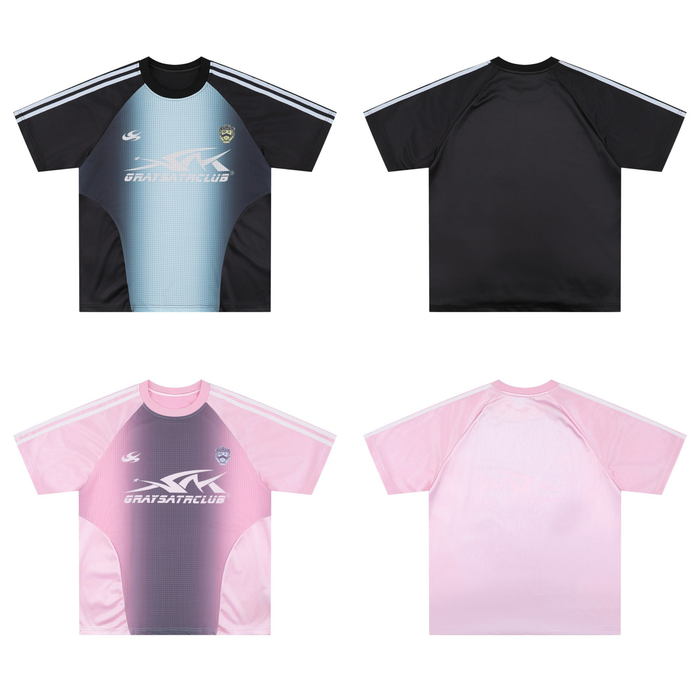 Gradient mesh soccer jersey with black sleeves, blue front panel, and pink version shown front and back