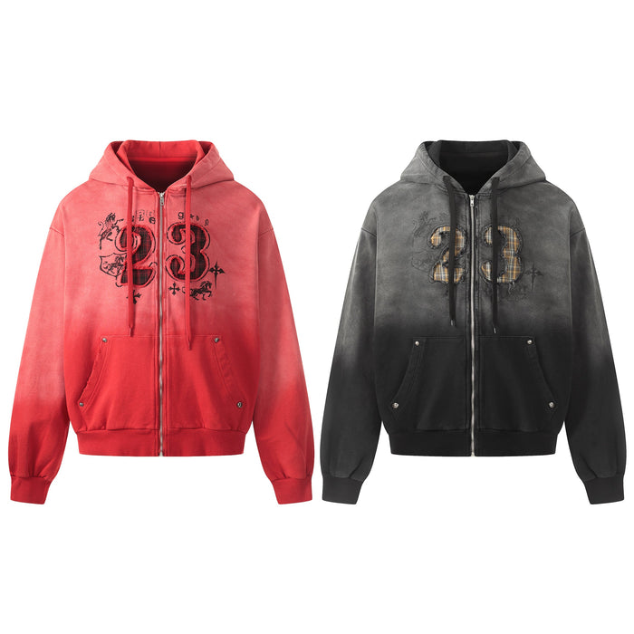 Red gradient zip-up hoodie with plaid number 23 graphic, heraldic motifs, kangaroo pockets, and ribbed cuffs