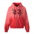 Front view of red washed zip-up hoodie with number 23 graphic and plaid appliqué