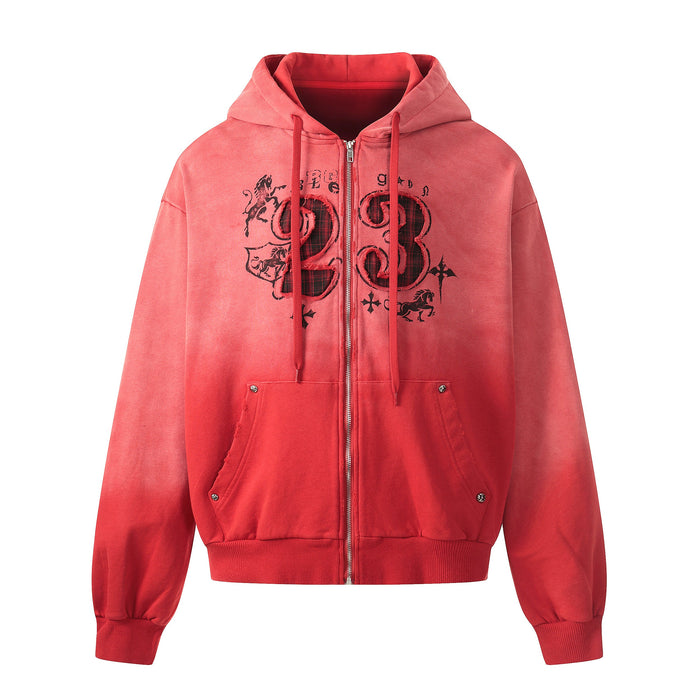 Front view of red washed zip-up hoodie with number 23 graphic and plaid appliqué
