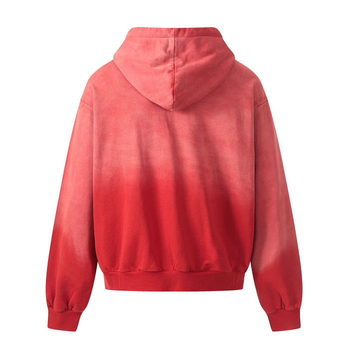 Back view of red gradient washed hoodie with hood and ribbed hem