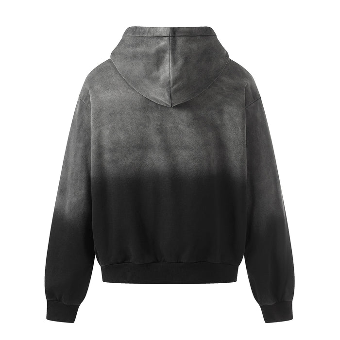Back view of black gradient washed hoodie with hood and long sleeves