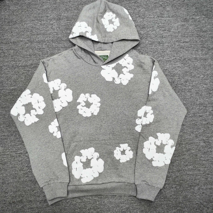 Gray “Cotton Wreath” Denim Tears Hoodie – White Floral Print Streetwear Pullover