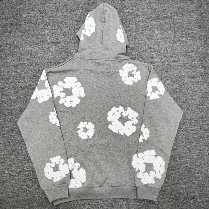 Gray “Cotton Wreath” Denim Tears Hoodie – White Floral Print Streetwear Pullover