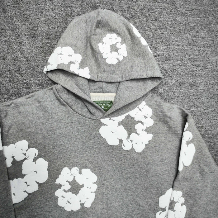 Gray “Cotton Wreath” Denim Tears Hoodie – White Floral Print Streetwear Pullover