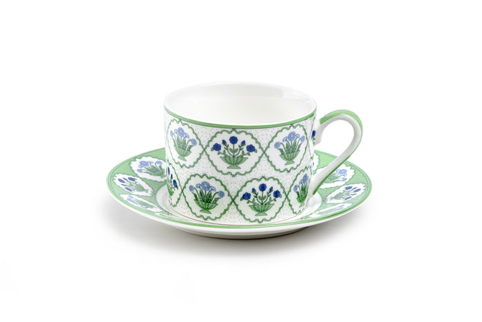Green Bouquet Medallion Fine Porcelain Cup and Saucer