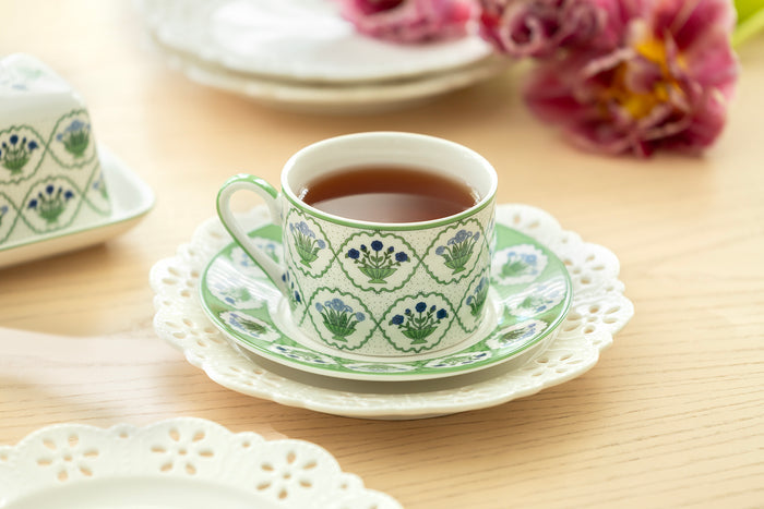 Green Bouquet Medallion Fine Porcelain Cup and Saucer