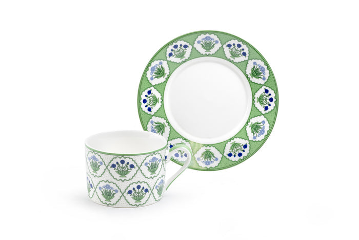 Green Bouquet Medallion Fine Porcelain Cup and Saucer