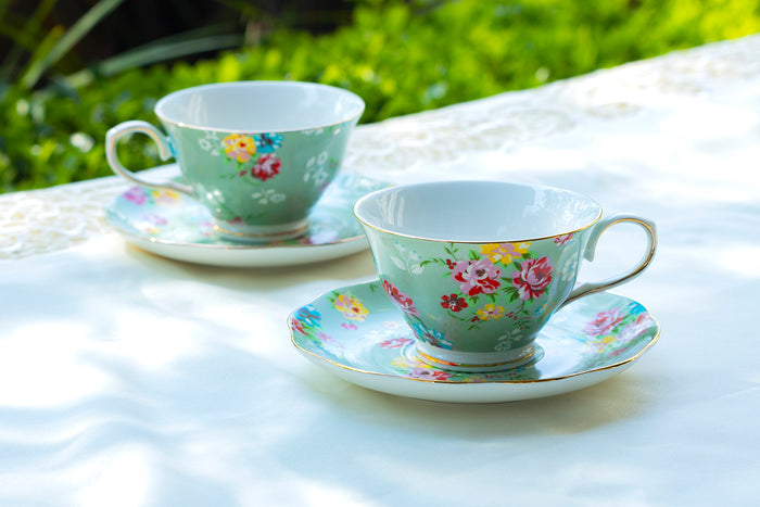 Green Shabby Rose Fine Porcelain Tea Cup and Saucer