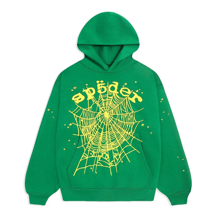 The Sp5der Web Hoodie – Emerald Green & Yellow 440GSM Heavyweight Oversized Streetwear Pullover features a bold yellow spiderweb and "spider" lettering with star accents, ideal for standout Y2K-inspired style.