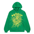 The Sp5der Web Hoodie – Emerald Green & Yellow 440GSM Heavyweight Oversized Streetwear Pullover features a bold yellow spiderweb and "spider" lettering with star accents, ideal for standout Y2K-inspired style.