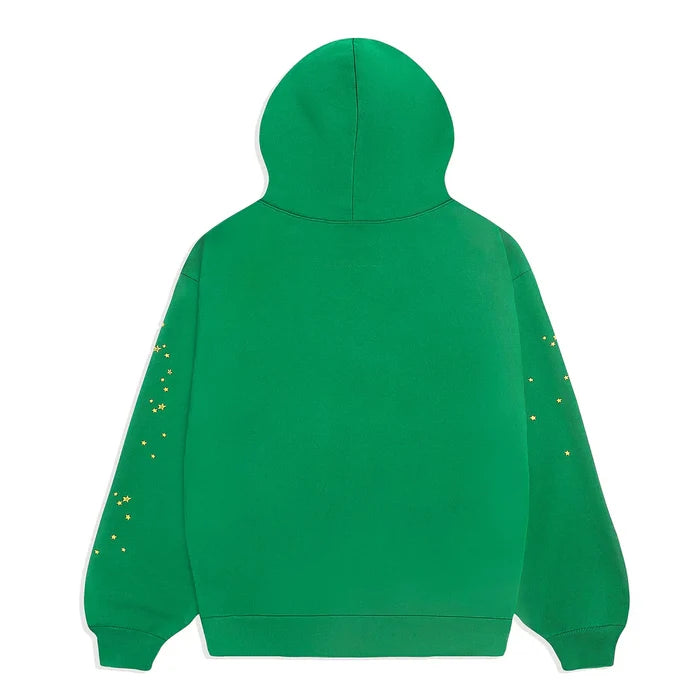 The Sp5der Web Hoodie in emerald green and yellow is a 440GSM heavyweight, oversized streetwear pullover with small yellow star designs along the sleeves—ideal for embracing bold Y2K style.