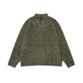 Dark speckled boucle knit sweater laid flat with half-zip collar and long sleeves